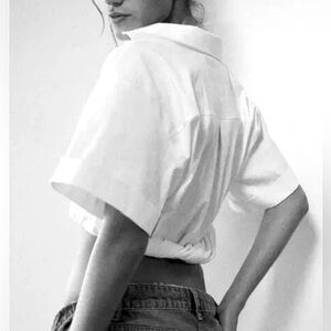 ZARA Women's Cotton Blend Crop Shirt  Ecru Size S NWT